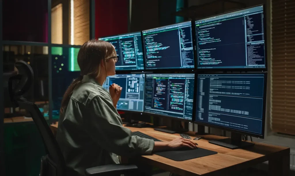 Female security engineer looking at systems via 6 monitors