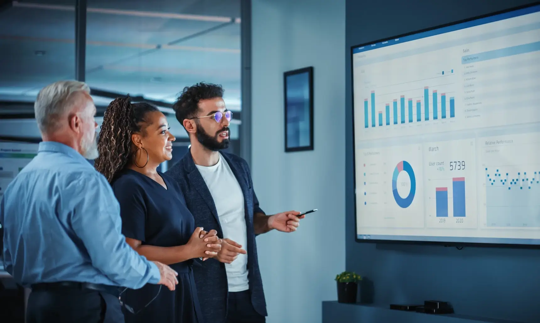 3 business professionals analyzing charts and graphs on a large digital screen during a presentation.